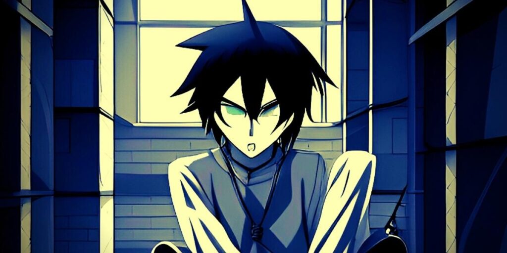 anime villain plotting and scheming in a dark corner