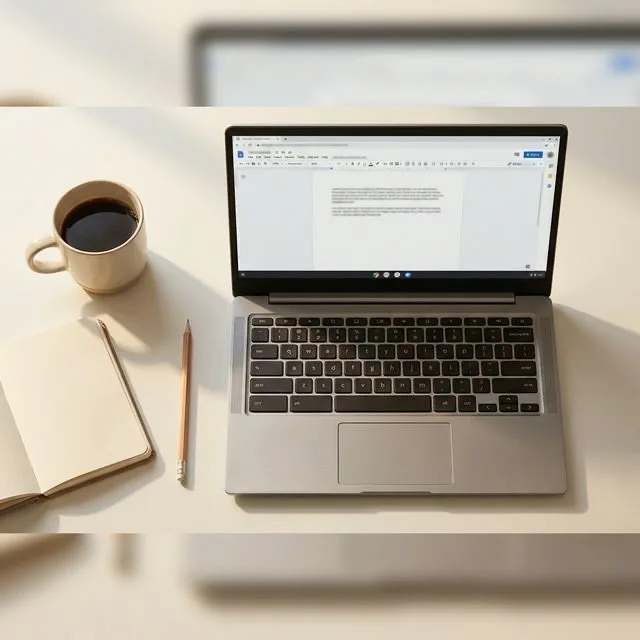 Best Chromebook for writers - silver Chromebook open on a desk with coffee and notebook